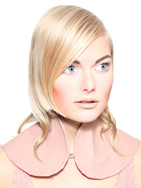 Blonde hair with a side parted sleek upper section