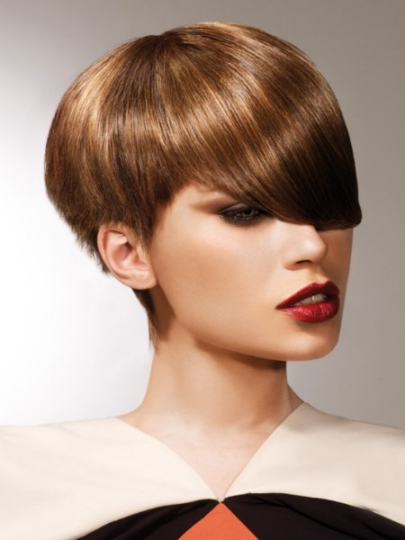 Geometric short haircut with deep bangs