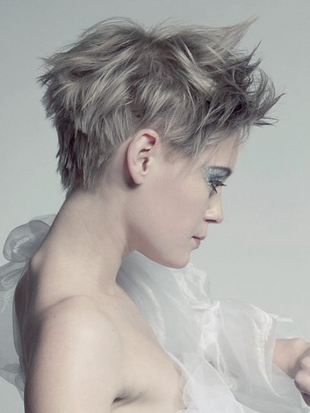 Chopped and feathery short silver-gray hair