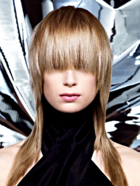 Long hairstyle with a shorter top area and a curved fringe