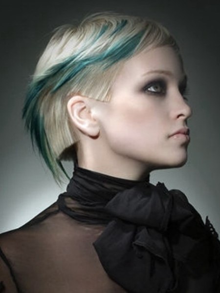 Blonde hair with sections of blue color