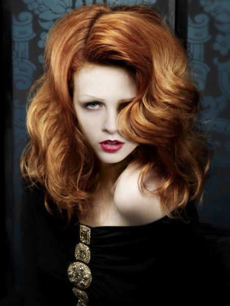 Long red hair with semi spiral curls