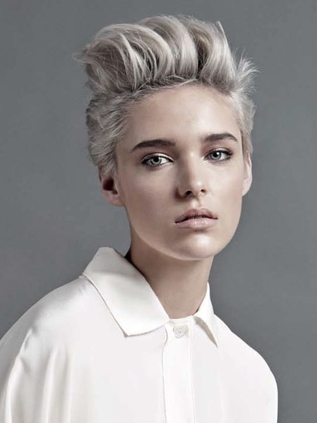Short hairstyle with uplifting and a silver hair color
