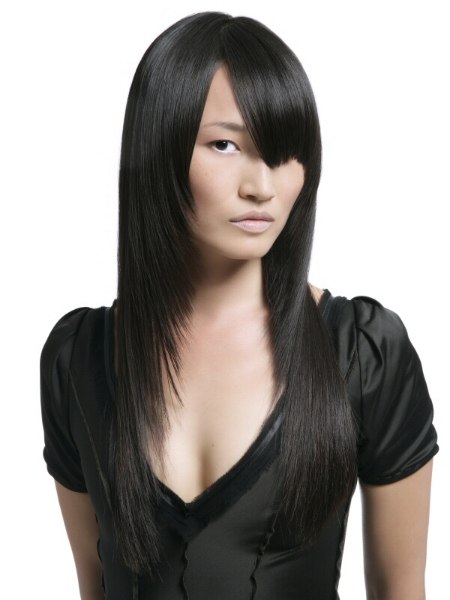 Long angled haircut with a sharply edged top