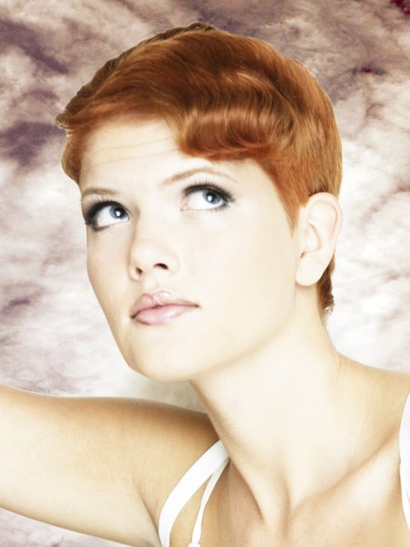 Short red hair with a finger-waved fringe
