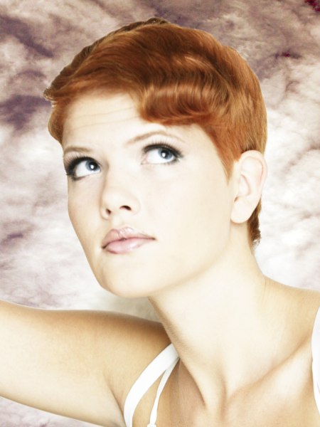 Short red hair with a finger waved fringe