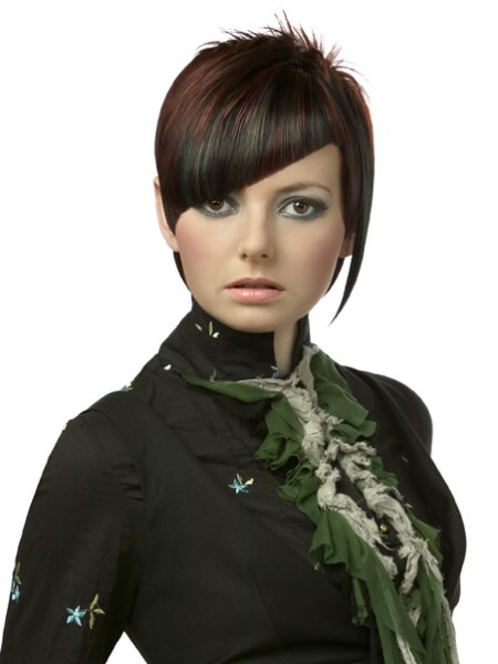 Short hairstyle with an angled fringe