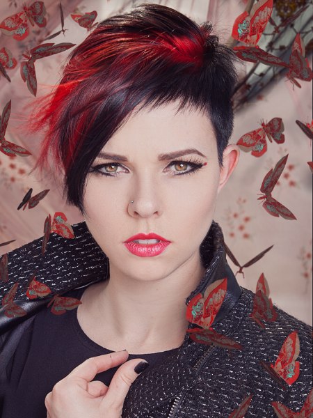 Short black hair with red color accents