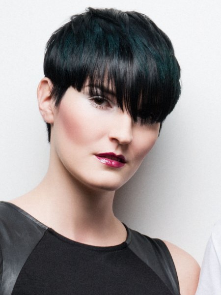 Black pixie cut with deeep bangs