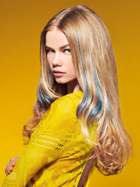 Long blonde hair with blue streaks
