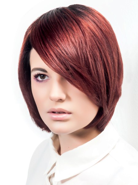 Short hairstyle with a long, angled side fringe