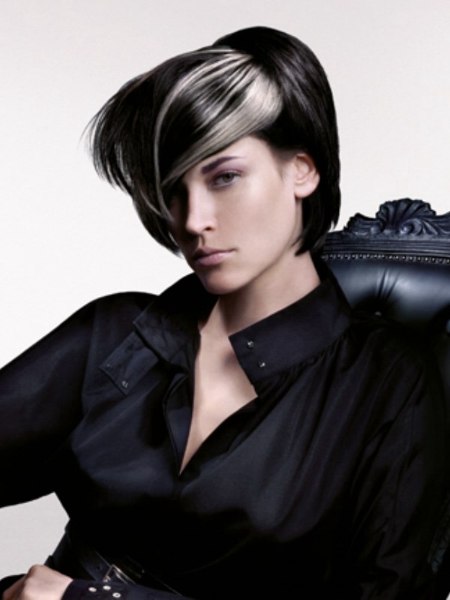 Short black hair with white platinum slices