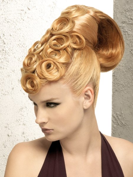 Sleek up-style with spiraling pin-curls