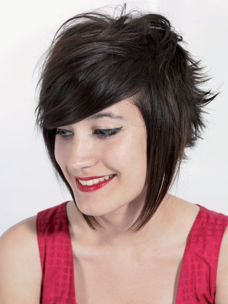 Feminine short A-line cut with the bangs swept to the side