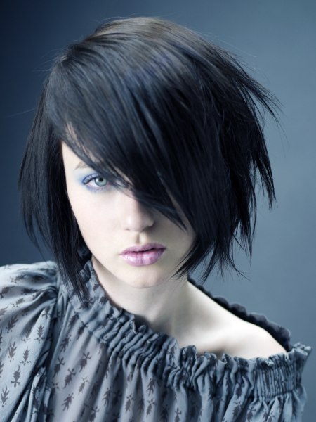 Layered bob and a black-blue hair color