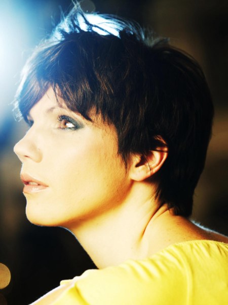 Side view of a pixie cut
