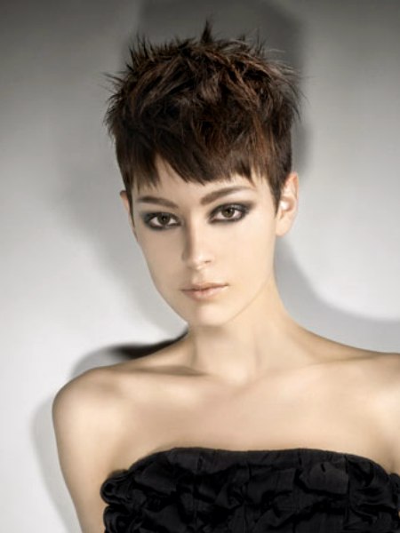 Brunette Audrey Hepburn pixie cut with layers