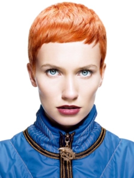 Very short Annie Lennox haircut with a flashy red hair color