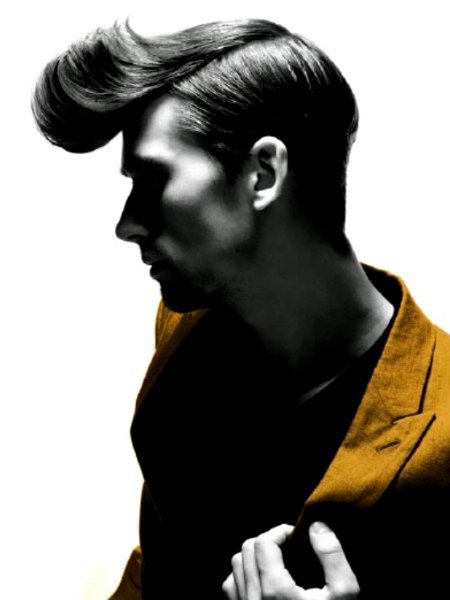 Men's hairstyle with a flipped-up forelock