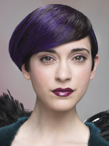 Short hair with a combination of black and purple coloring