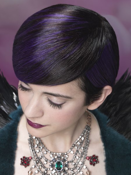 Hair with a marbled transition of black and purple colors