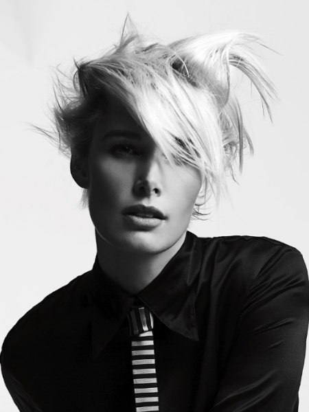 Short in the neck haircut and a satin shirt for women