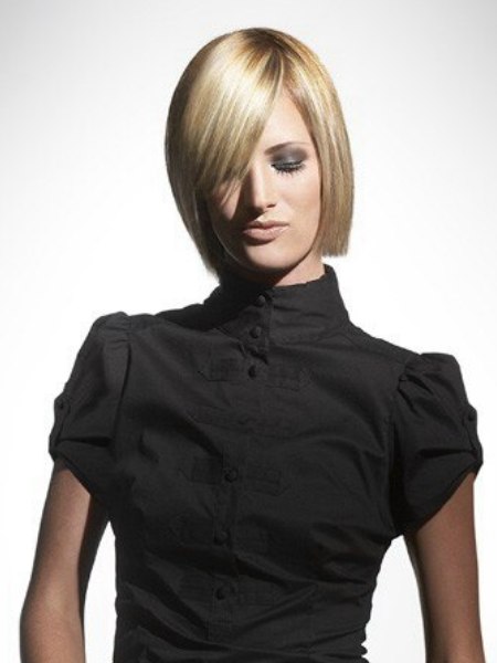 Short blonde bob with a diagonal fringe