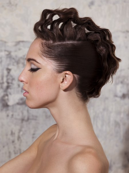 Mohawk shape updo with a strip along the center of the crown