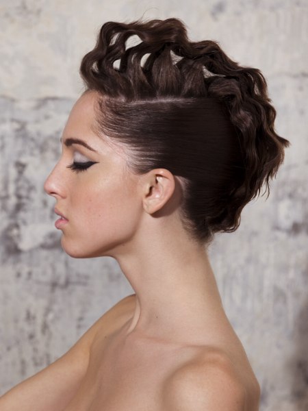 Mohawk-shaped updo with a strip along the center of the crown