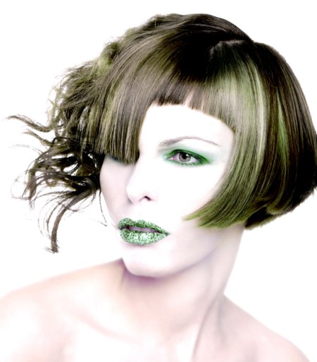 Short haircut with split bangs and green hair color