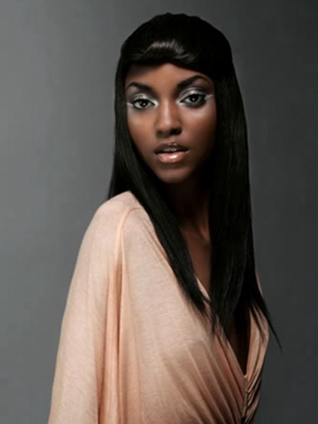 Ultra sleek long black hair with a focal fringe