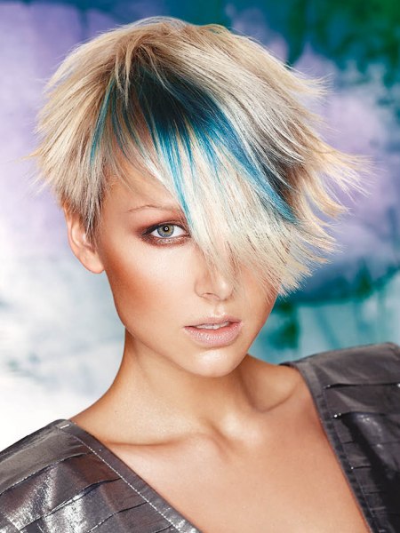 Platinum blonde hair with blue streaks