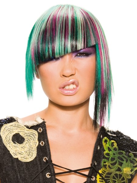 Hair color with streaks and angled fringe