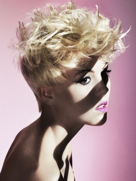 Short blonde hair style with a quiff shape