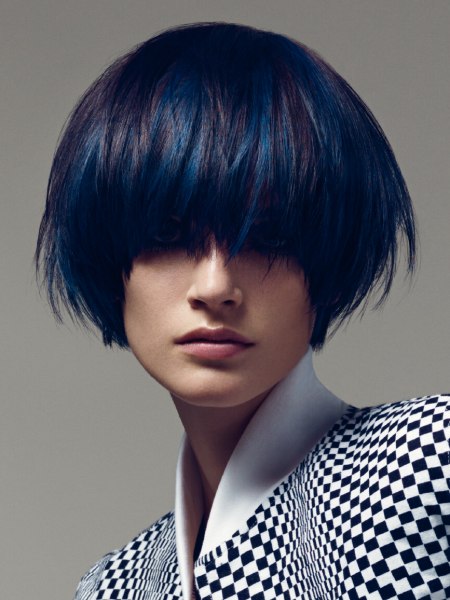 Short black hair with blue streaks