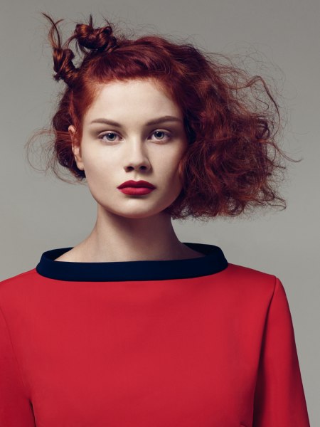 Red hair with asymmetry and a twirled side