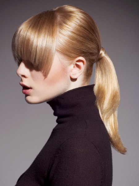 Self-wrapped ponytail with glossy styling