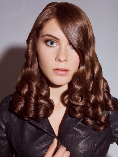 Long auburn hairstyle with satin-smooth curls
