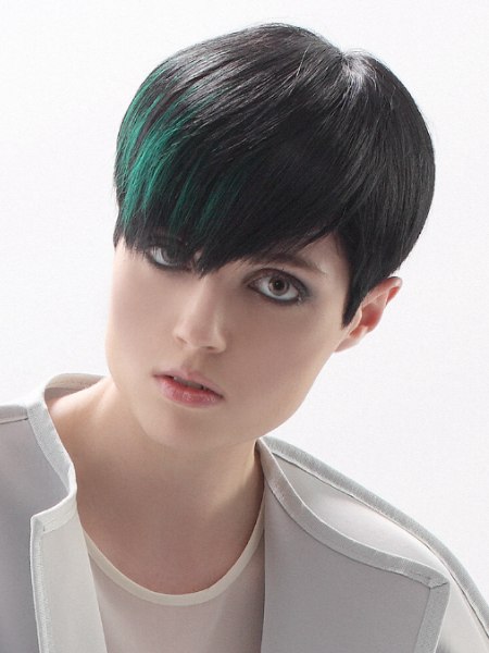 Short black hair with green streaks