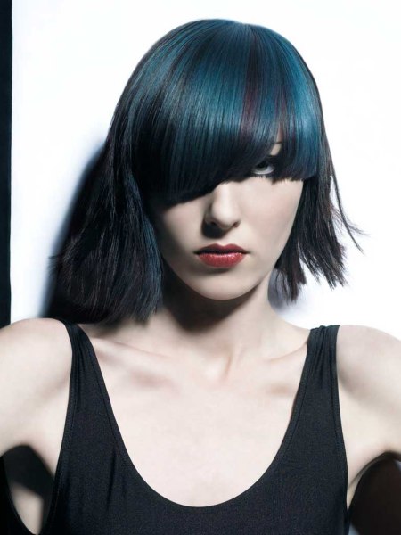 Medium length hair with blue color