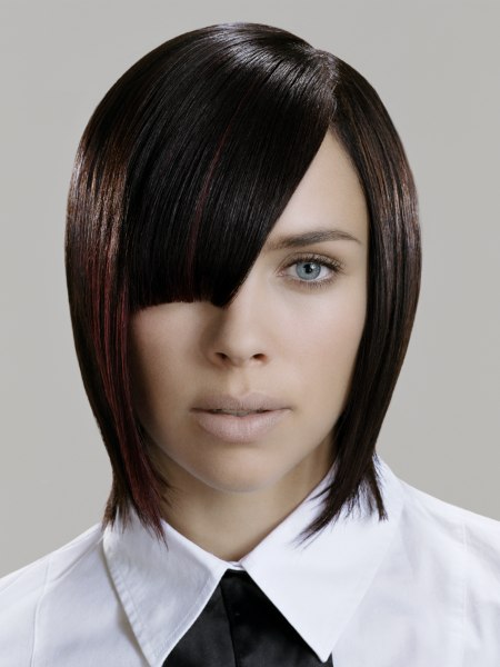 Medium length bob hairstyle with a side sweeping fringe
