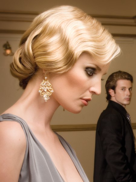 Blonde updo with vintage finger waves