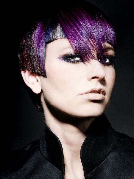 Short haircut with a squared fringe and an aubergine purple hue