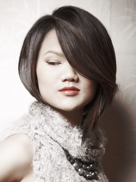 Brown bob haircut with one longer side