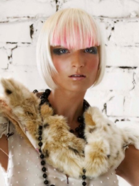 Chin length bob with platinum blonde and pink hair coloring