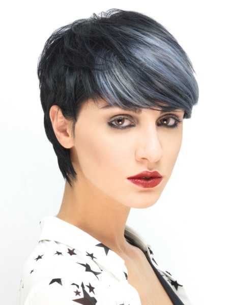 Short black pixie hair with silver highlights