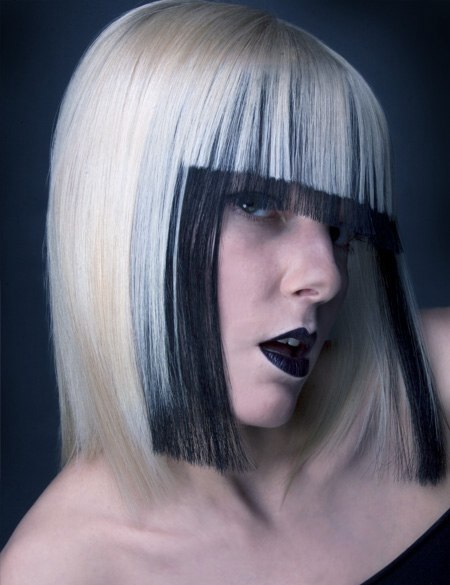 Blunt cut blonde hair, colored partial black