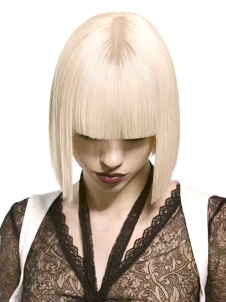 Super straight platinum blonde bob with horizontal bangs