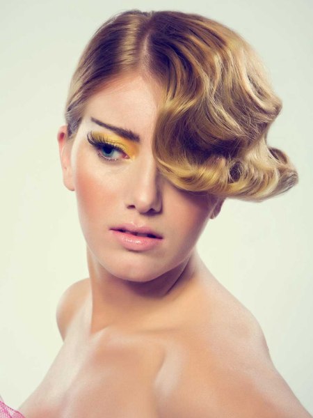 Short hairstyle with finger waving and barrel curls