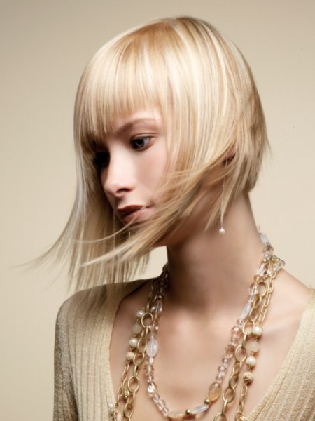 Blonde bevel-cut bob with an A-line shape
